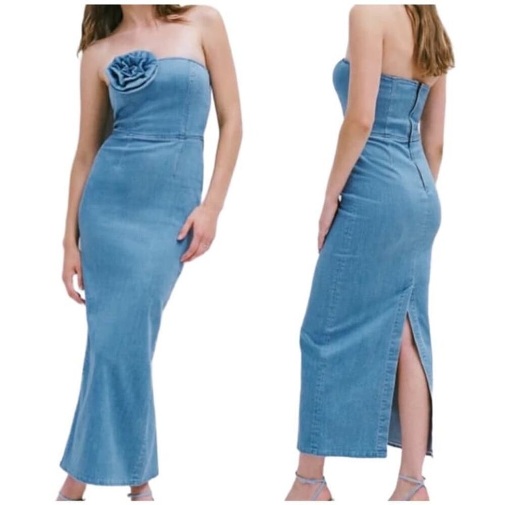 Torn by Ronny Kobo Renee Strapless Denim Midi Dress Blue Boho Stretch Small